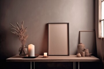 Warm neutral wabi sabi style minimalist interior mockup with poster frames, jute decoration, candles, ceramic jug, table, and dried plant, branches, against empty wall.