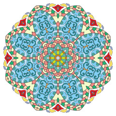 Mandala flower decoration, hand drawn round ornament, isolated design element on a white background. Vector geometric floral pattern. Tribal ethnic fashion motif for paper, textile, cloth fabric print