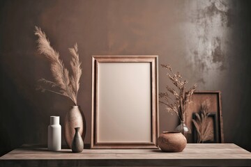 Warm neutral wabi sabi style minimalist interior mockup with poster frames, jute decoration, ceramic jug, table, and dried plant, branches, against empty wall.