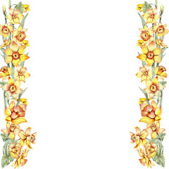 Watercolor hand drawn spring garden full of narcissus square frame. Summer illustration for scrapbooking. Cartoon hand drawn background with flower for kids design. Perfect for wedding invitation.
