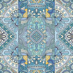 Hand drawn seamless graphic pattern, colorful artistic background with floral and geometric elements. Doodle ethnic mandala ornament for textile fabric, paper print. Surface texture 