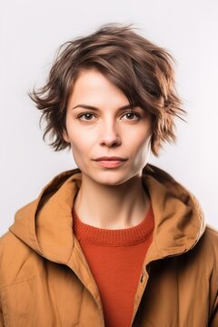 Head shot portrait of Caucasian woman with short hair over white background. Generative AI vertical shot