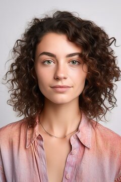 Young Caucasian woman with curly hair over white background studio shot. Generative AI vertical shot