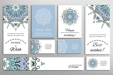 Big set of greeting Cards or wedding Invitations. Postcards template with inscription Make a Wish, Best Wishes, Happy Birthday. Banner, business cards with mandala ornament. Isolated design elements