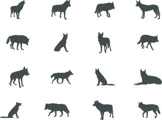 Wolf silhouette, Wolf SVG, Wolf vector set, Wolf icon, Animal silhouette.