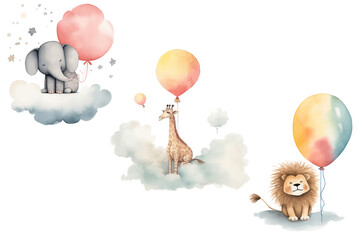 Safari Animal set lion, giraffe and elephant with a balloon sitting on a cloud in 3d style. Isolated . Generative AI