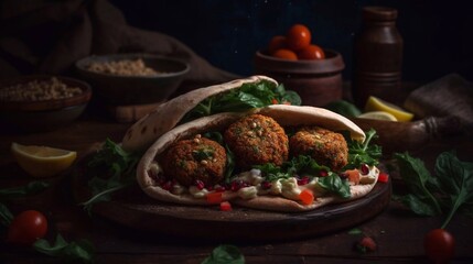 Falafel wraps with greens, vegetables and sause. Dark wooden background. AI generated