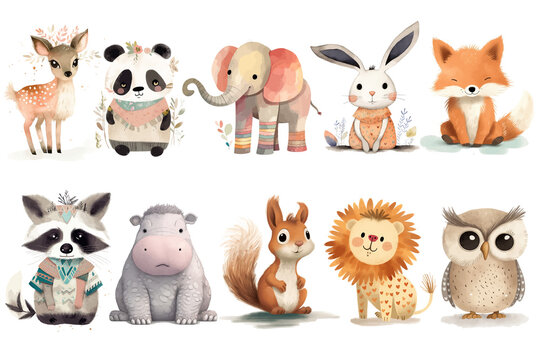 Safari Animal set deer, elephant, rabbit, fox, hippopotamus, squirrel, raccoon, lion, panda, owl in 3d style. Isolated . Generative AI