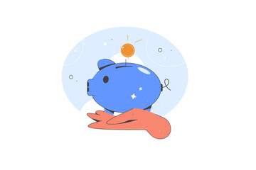 Hand holding a piggy moneybox flat vector illustration. Pig money box with hand holding golden coin