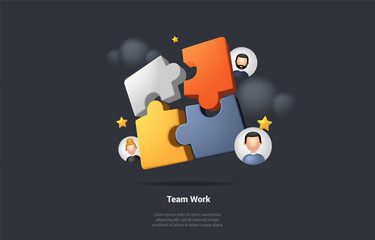 Business Cooperation Concept, Partnership, Collaboration, Communication, Corporate And Cooperative Business. Jigsaw Puzzle Pieces With Team Of People. 3d Render Cartoon Realistic Vector Illustration