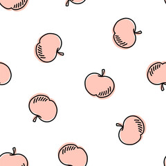 Seamless pattern with pink apples and black outline