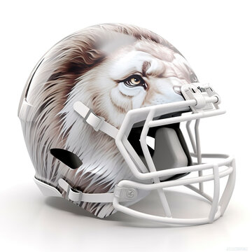 American football helmet with printed lion, white background