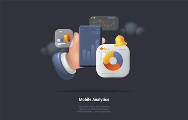 Concept Of Mobile Analytics. Growth Indicators On Smartphone Screen. Hand Holds Phone. Mobile Application For Data Analysis, Accounting And Electronic Report. 3d Render Realistic Vector Illustration