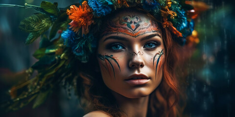 Fototapeta na wymiar fantasy portrait of a beautiful sensual woman in the dreamy scene with flowers in her hair, and intense makeup and ornaments on her face, Generative AI