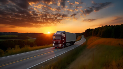 Fototapeta na wymiar Truck Logistic Driving along the Countryside on Scenic Landscape Background
