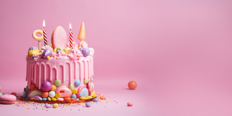 Fototapeta na wymiar Colorful Birthday Cake with Frosting and Candy on Pastel Pink Background
