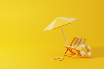 Yellow summer background with umbrella, swimming ring, beach chair and sandals. Tropical holidays vacation concept. 3D rendering