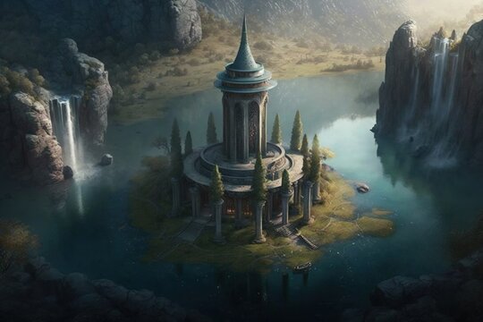 Aerial view, a mysterious tower in the center of an elven city on a plain in Waterfalls.