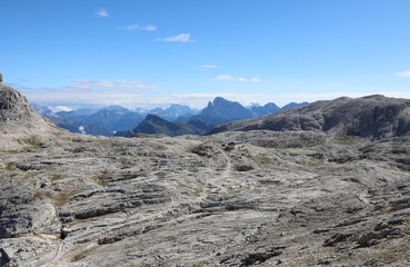 Almost lunar scenery of the dolomites in northern italy and the alpine refuge called Rosetta
