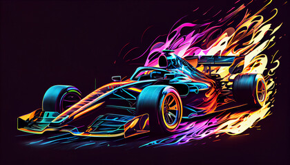 Racing formula car illustration for competition banner and poster, dramatic flames, fast drive speed on black background.