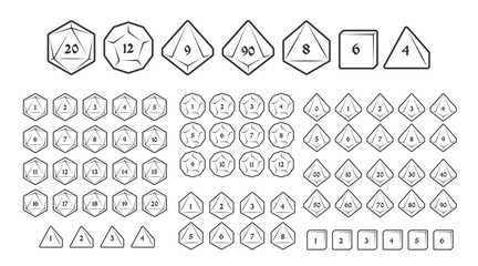 D4, D6, D8, D10, D12, and D20 Dice Icons for Boardgames With Numbers, Line Style - obrazy, fototapety, plakaty