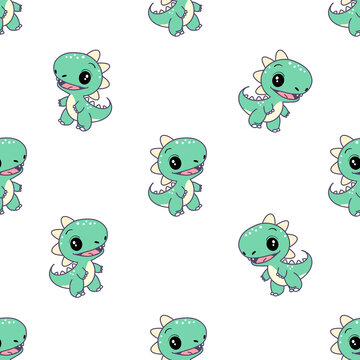 Pattern with cartoon green dinosaur 