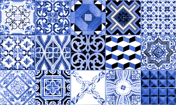 Portuguese tiles. Illustration of Azulejo on white background. Mediterranean style.