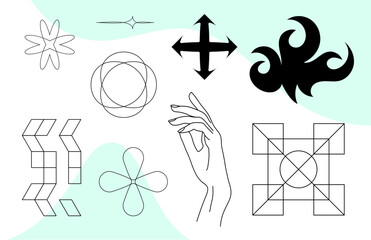 Universal trendy Y2K abstract geometric shapes. Set with random brutalism poster shapes. Y2K Grunge.