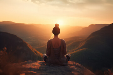 Woman Meditating in Lotus Pose with Scenic Mountain View
