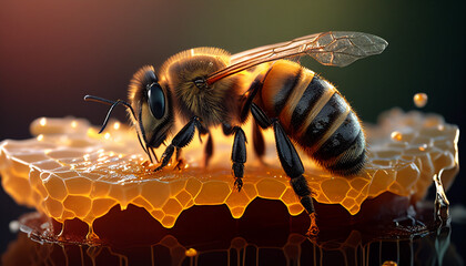 A close-up focused photo of a bee with honey on a blurred background, Generative AI