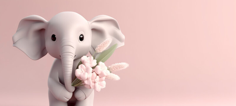 A cute cartoon elephant holds a bouquet of flowers on a pale pink background. AI generation © Daria17