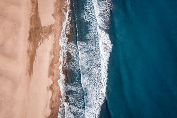 Beautiful aerial sand beach and blue sea view, travel Turkey, top from drone - obrazy, fototapety, plakaty