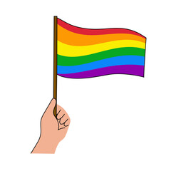 Hand holds LGBT flag rainbow,hand drawn pride month flat decoration.People's rights movement,diversity love time design.Isolated.Vector illustration
