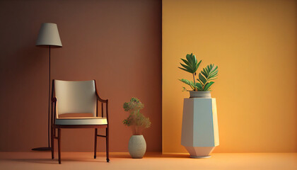 Beautiful Interior room with minimal nice chair and green indoor plant tree with solid background wall Ai generated image