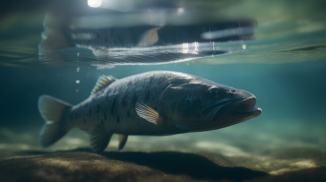 Water cinematic shot of a bass swimming
