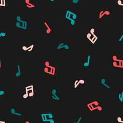 Seamless pattern with colorful musical notes and black background