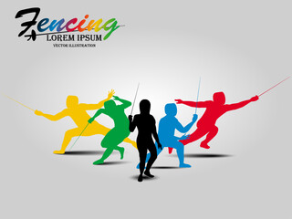 Visual drawing of man fencing athletes team fight suit practicing with sword on professional sports arena, motion fast of speed practice by tournament, action design style for vector illustration 1
