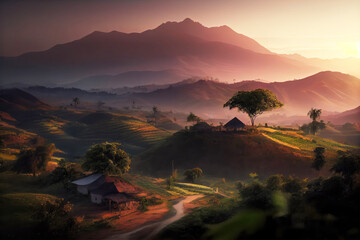 Burundi  landscape with mountains at sunset. Generative AI Art. Beautiful view.