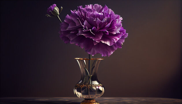 Beautiful Purple carnation in vase with solid color background Ai generated image