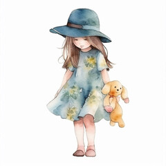 Little cute girl holding teddy bear watercolor paint