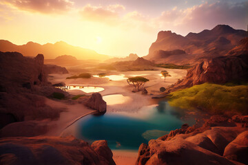 Fototapeta na wymiar Cabo Verde landscape with lake and hills. Generative AI Art. Beautiful view.