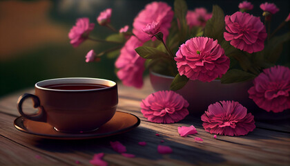Fototapeta na wymiar Cup of tea sitting on top of wooden table with flowers Ai generated image