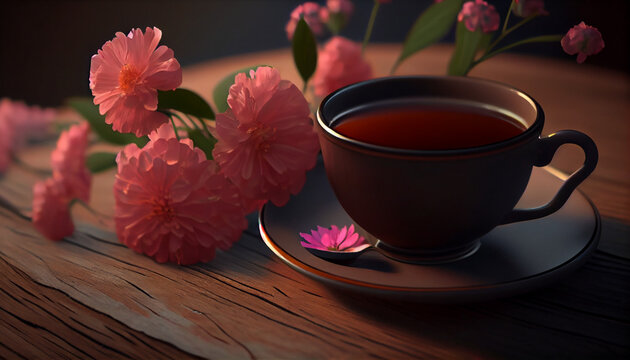 Cup of tea sitting on top of wooden table with flowers Ai generated image