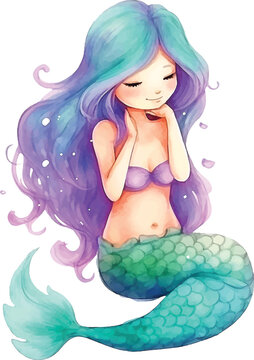  Cute mermaid girl watercolor paint
