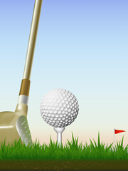 Fototapeta na wymiar Visual drawing of golf ball and golf club beautiful to start hitting out on grass and sky evening time with background for vector illustration, exercise golf sport concept
