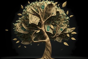 Money growing on tree concept. Money tree or cash tree with dollars isolated on black background. Business or savings design of money tree growing dollar and falling down on the ground. Generative ai