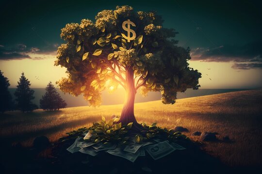 Money growing on tree concept. Money tree or cash tree with dollars at sunset. Business or savings concept of a money tree with growing dollar and falling down on the ground. Generative ai .