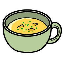 isolate pumpkin cream soup with pieces of pumpkin and parsley on top in a green mug, vegetarian soup-puree of tomato, vegetarian dishes single icon in cartoon style vector, illustration