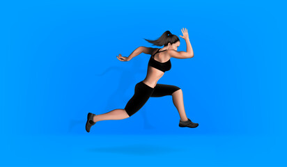 Fototapeta na wymiar Visual drawing of realistic banner ads women runner and jump or dance in fitness club studio, concept lifestyle and health care with weight loss by exercise on sky background for vector illustration
