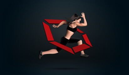 Visual drawing of realistic banner ads women runner and jump or dance in fitness club studio, concept lifestyle and health care with weight loss by exercise on black background for vector illustration